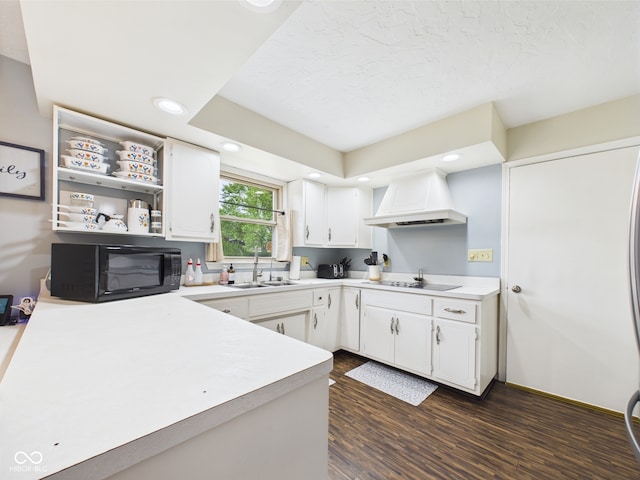 5542 N Olivia Dr, Alexandria, IN 46001 - kitchen with premium range hood, black appliances, a sink, dark wood finished floors, and light countertops