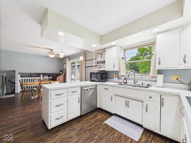 5542 N Olivia Dr, Alexandria, IN 46001 - kitchen with stainless steel dishwasher, a sink, black microwave, a peninsula, and plenty of natural light