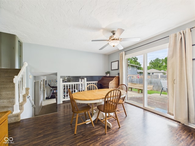 5542 N Olivia Dr, Alexandria, IN 46001 - dining space with a ceiling fan, wood finished floors, stairway, and a textured ceiling