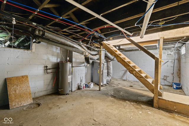 3227 Guilford Ave, Indianapolis, IN 46205 - unfinished below grade area featuring electric water heater, heating unit, and stairway