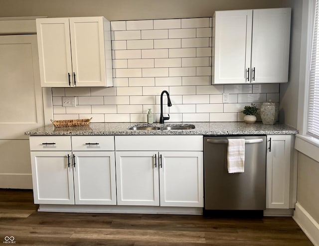 3227 Guilford Ave, Indianapolis, IN 46205 - kitchen featuring dishwasher, stone counters, white cabinetry, decorative backsplash, and dark wood finished floors