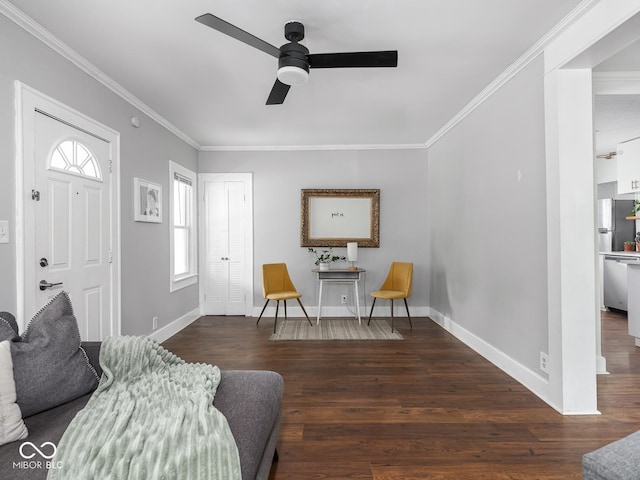 1617 E 52nd St, Indianapolis, IN 46205 - living room with a ceiling fan, crown molding, wood finished floors, and baseboards