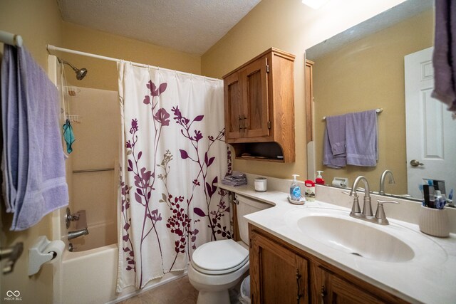 1052 Barley Cir, Carmel, IN 46032 - bathroom with vanity, toilet, shower / bath combination with curtain, a textured ceiling, and tile patterned flooring