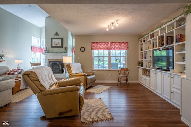 1052 Barley Cir, Carmel, IN 46032 - living room with a fireplace with raised hearth, dark wood finished floors, lofted ceiling, baseboards, and a textured ceiling