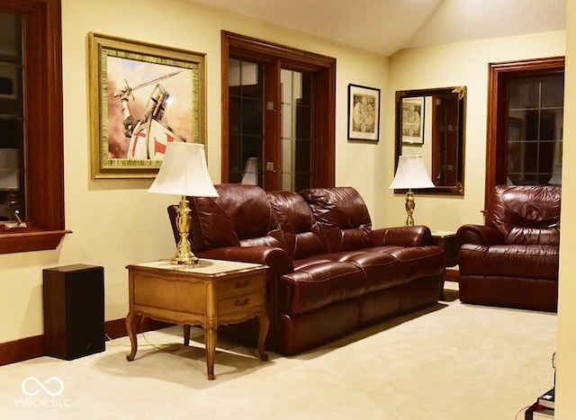 6412 Fall Creek Rd, Indianapolis, IN 46220 - home theater with lofted ceiling, carpet flooring, and baseboards