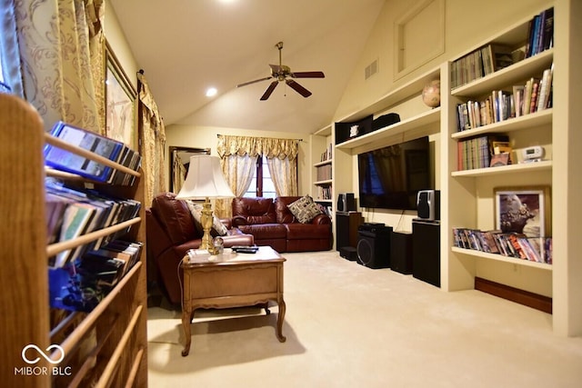 6412 Fall Creek Rd, Indianapolis, IN 46220 - carpeted living area featuring ceiling fan and high vaulted ceiling