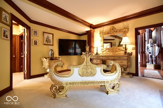 6412 Fall Creek Rd, Indianapolis, IN 46220 - bedroom with carpet, crown molding, ornate columns, and baseboards