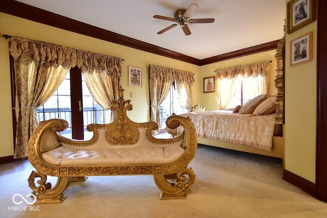 6412 Fall Creek Rd, Indianapolis, IN 46220 - bedroom with crown molding, carpet, baseboards, and a ceiling fan