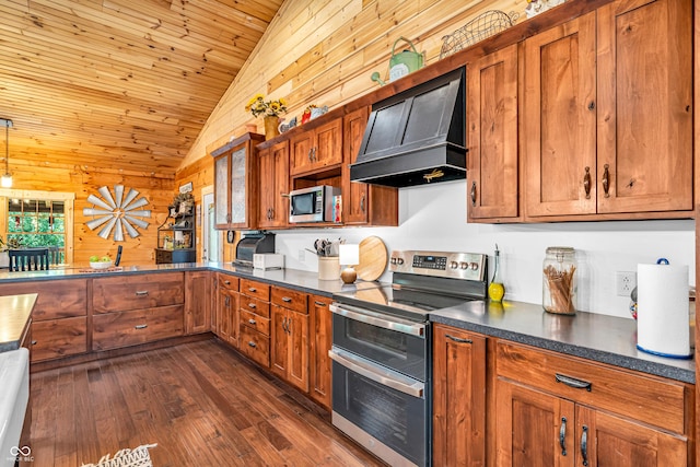 2780 W Grizzly Trl, Martinsville, IN 46151 - kitchen with appliances with stainless steel finishes, custom range hood, vaulted ceiling, wood walls, and brown cabinets