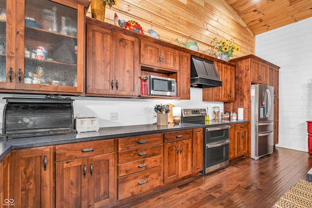2780 W Grizzly Trl, Martinsville, IN 46151 - kitchen with stainless steel appliances, premium range hood, wooden walls, dark wood-type flooring, and lofted ceiling