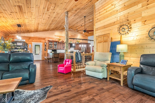 2780 W Grizzly Trl, Martinsville, IN 46151 - living area with wood walls, a ceiling fan, wood finished floors, lofted ceiling, and wood ceiling