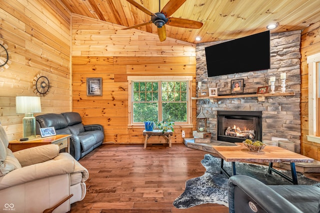 2780 W Grizzly Trl, Martinsville, IN 46151 - living room with wooden ceiling, lofted ceiling, wood-type flooring, a fireplace, and wood walls