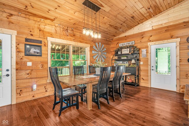 2780 W Grizzly Trl, Martinsville, IN 46151 - dining room featuring vaulted ceiling, wood walls, hardwood / wood-style floors, and wood ceiling