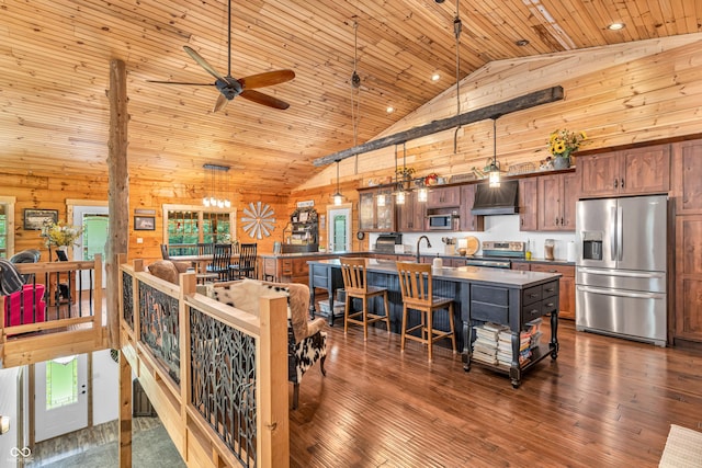 2780 W Grizzly Trl, Martinsville, IN 46151 - dining area with wood walls, a ceiling fan, wooden ceiling, high vaulted ceiling, and dark wood-style floors