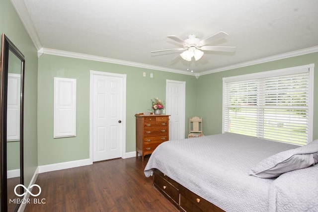 495 Persimmon Dr, North Vernon, IN 47265 - bedroom featuring dark wood-type flooring, baseboards, ornamental molding, and a ceiling fan