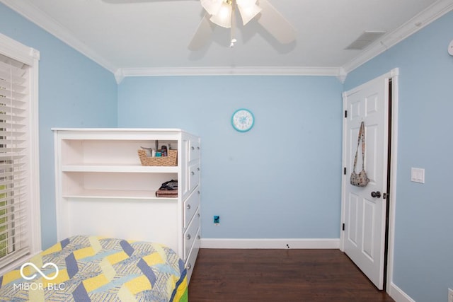 495 Persimmon Dr, North Vernon, IN 47265 - bedroom featuring ornamental molding, wood finished floors, baseboards, and ceiling fan