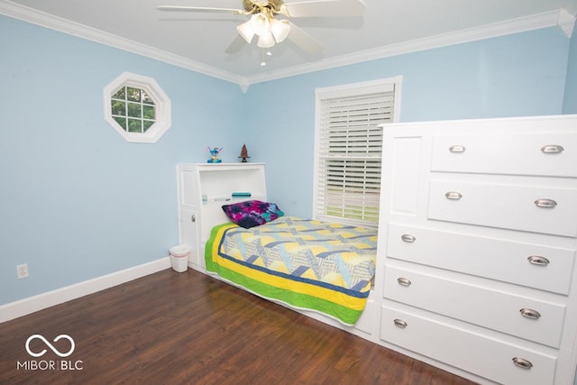495 Persimmon Dr, North Vernon, IN 47265 - bedroom featuring baseboards, ornamental molding, dark wood-style flooring, and a ceiling fan
