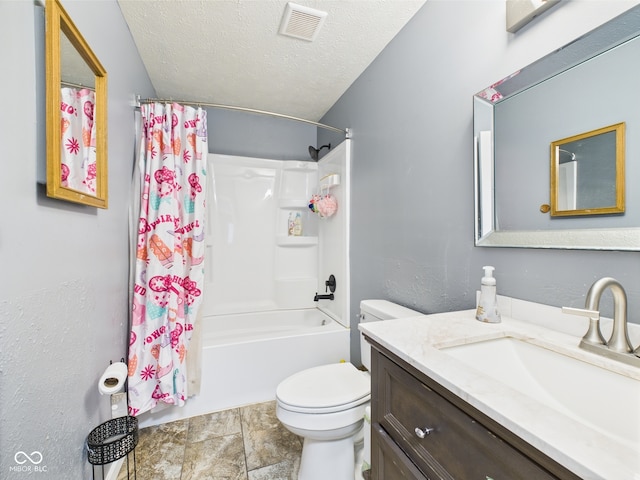 3223 Keystone Lakes Way, Indianapolis, IN 46237 - full bathroom featuring vanity, toilet, shower / tub combo, a textured ceiling, and stone finish flooring