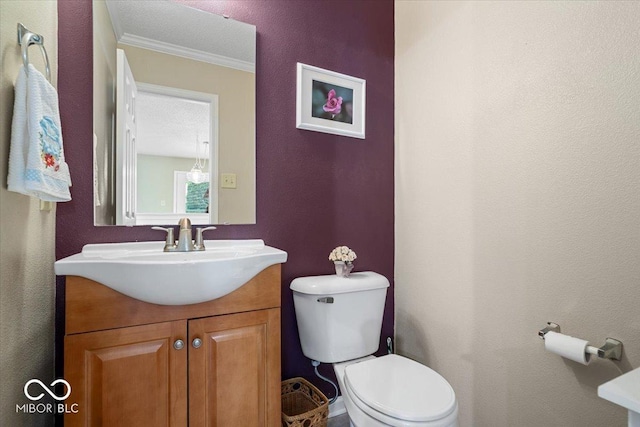 12624 Majestic Way, Fishers, IN 46037 - half bathroom with toilet, vanity, crown molding, and a textured wall