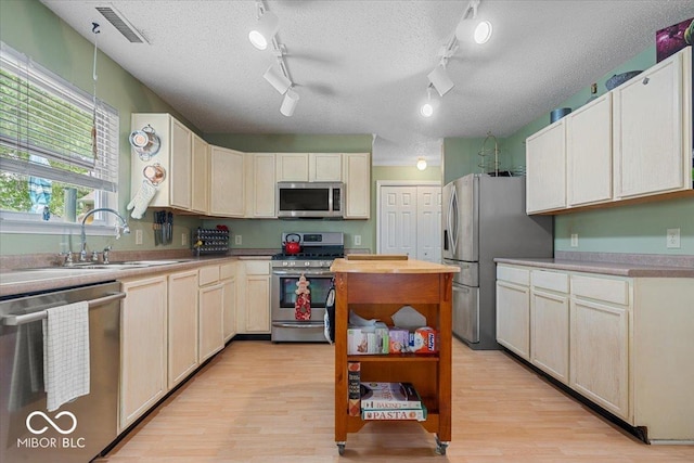 12624 Majestic Way, Fishers, IN 46037 - kitchen featuring appliances with stainless steel finishes, a sink, open shelves, rail lighting, and a textured ceiling