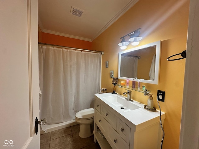 5147 E 16th St, Indianapolis, IN 46218 - full bathroom featuring vanity, toilet, crown molding, a shower with shower curtain, and tile patterned floors