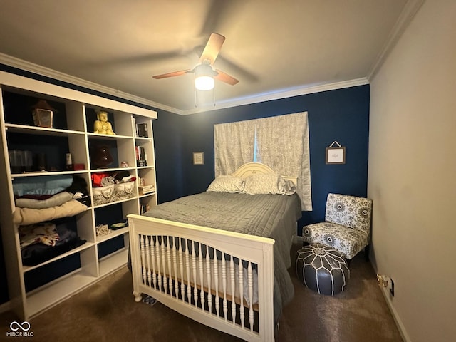 5147 E 16th St, Indianapolis, IN 46218 - bedroom with carpet floors, crown molding, a ceiling fan, and baseboards