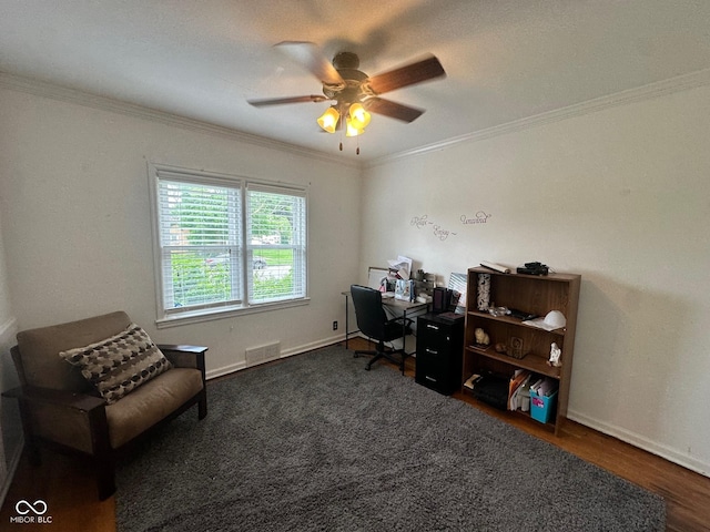 5147 E 16th St, Indianapolis, IN 46218 - home office featuring a ceiling fan, ornamental molding, baseboards, and wood finished floors