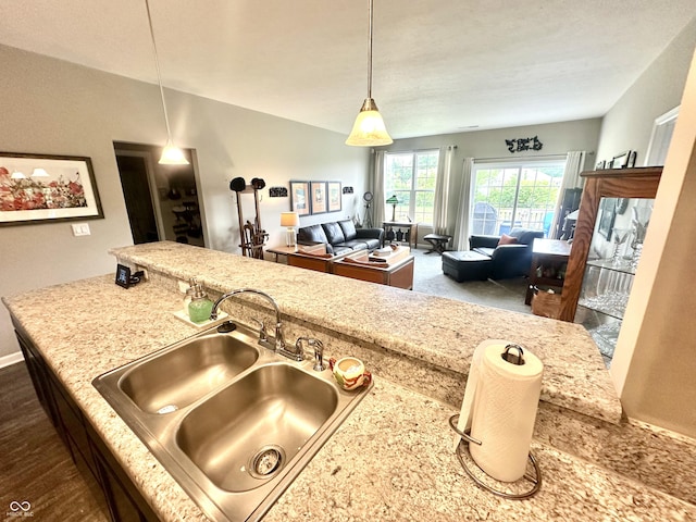 4209 Switchgrass Way, Indianapolis, IN 46237 - kitchen with a sink, open floor plan, pendant lighting, and light stone counters