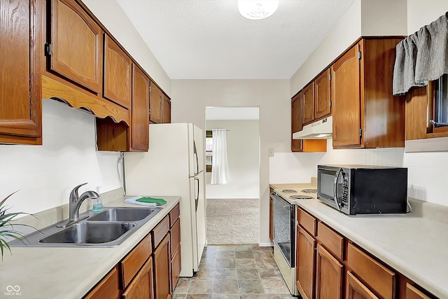 1868 N Hawthorne Ln, Indianapolis, IN 46218 - kitchen with white appliances, under cabinet range hood, a sink, light countertops, and a textured ceiling