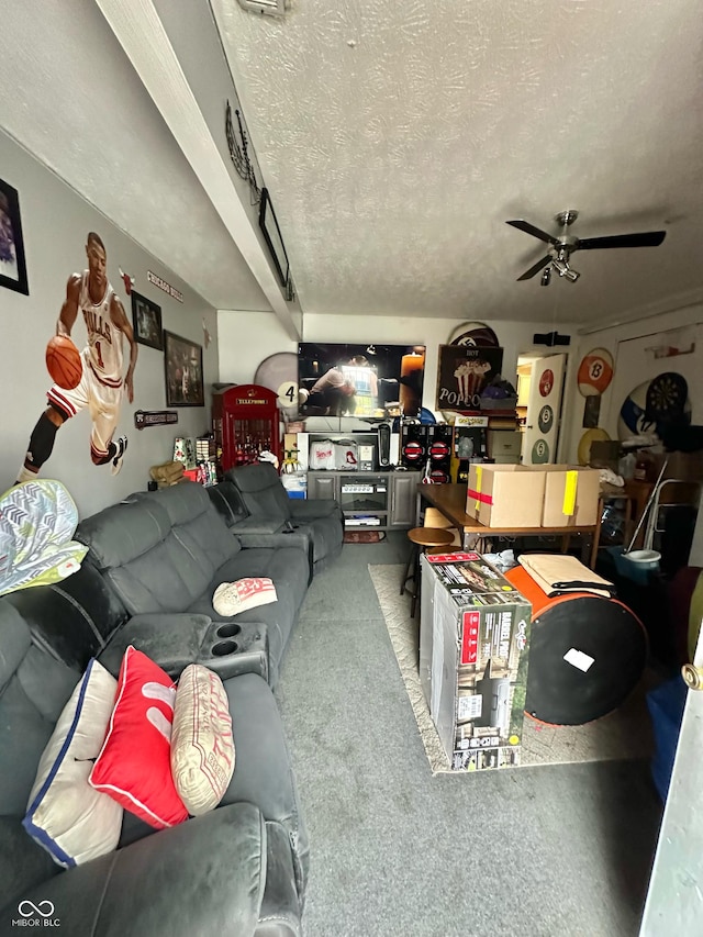 1831 Beckenbauer Ln, Indianapolis, IN 46214 - carpeted living room with ceiling fan and a textured ceiling