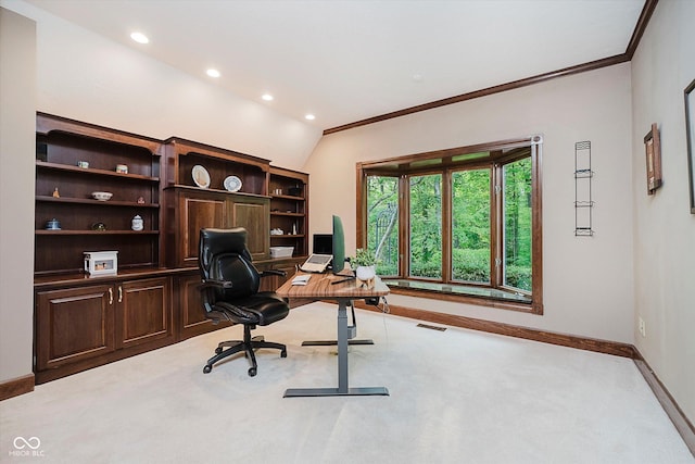 8301 Reef Ct, Indianapolis, IN 46236 - office with light carpet, recessed lighting, crown molding, and lofted ceiling