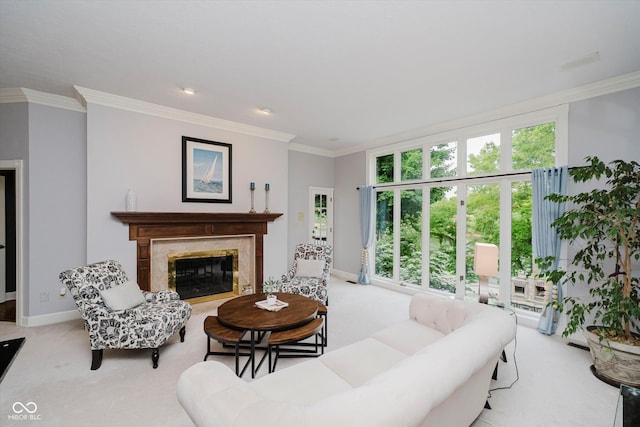 8301 Reef Ct, Indianapolis, IN 46236 - carpeted living room featuring a high end fireplace and crown molding