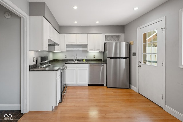 3975 Offshore Dr, Columbus, IN 47203 - kitchen with appliances with stainless steel finishes, a sink, dark countertops, under cabinet range hood, and baseboards
