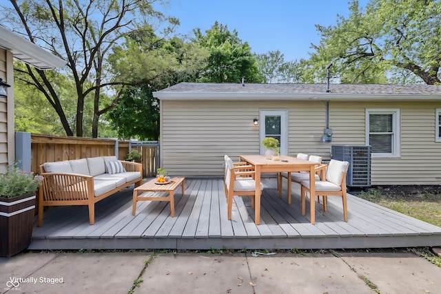 420 Vista Dr, Carmel, IN 46280 - wooden terrace featuring central air condition unit, an outdoor hangout area, and outdoor dining area