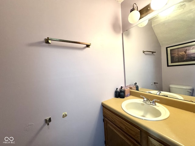 7445 Melanie Ln, Indianapolis, IN 46217 - bathroom with vanity, toilet, and vaulted ceiling