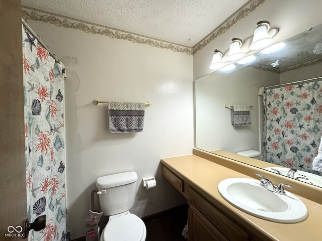 7445 Melanie Ln, Indianapolis, IN 46217 - bathroom with toilet, a textured ceiling, vanity, and curtained shower