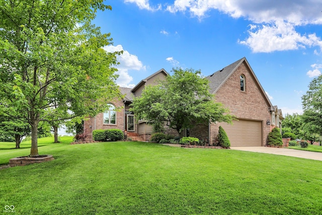 1850 Longest Dr, Franklin, IN 46131 - view of property hidden behind natural elements featuring brick siding, concrete driveway, a front lawn, roof with shingles, and a garage