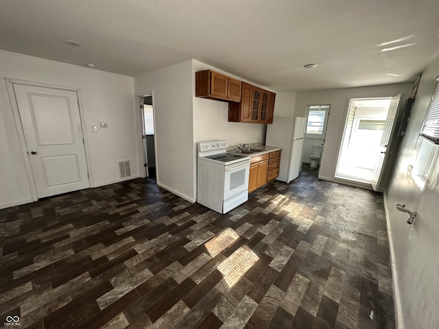 2310 E Raymond St, Indianapolis, IN 46203 - kitchen with white appliances, dark wood finished floors, a sink, glass insert cabinets, and brown cabinetry