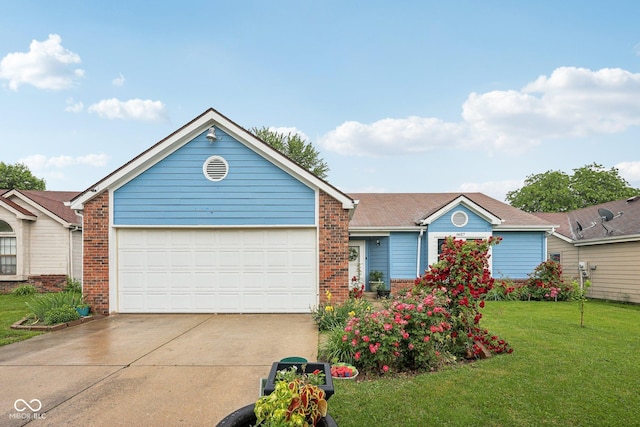 6627 Cobden Ct, Indianapolis, IN 46254 - ranch-style house featuring brick siding, concrete driveway, a garage, and a front yard