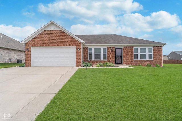 107 Elliott Ave, Trafalgar, IN 46181 - view of front facade featuring an attached garage, concrete driveway, a front lawn, brick siding, and a shingled roof