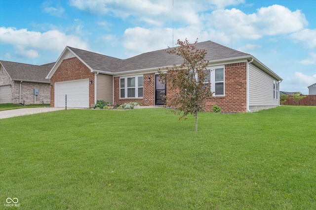 107 Elliott Ave, Trafalgar, IN 46181 - single story home featuring brick siding, a garage, driveway, and a front yard