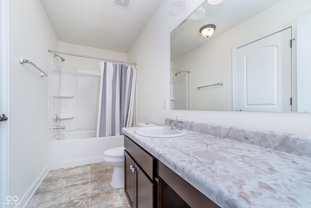 107 Elliott Ave, Trafalgar, IN 46181 - full bathroom with vanity, toilet, shower / bathtub combination with curtain, baseboards, and stone finish floors