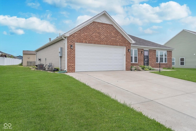107 Elliott Ave, Trafalgar, IN 46181 - ranch-style house with brick siding, driveway, an attached garage, and a front yard