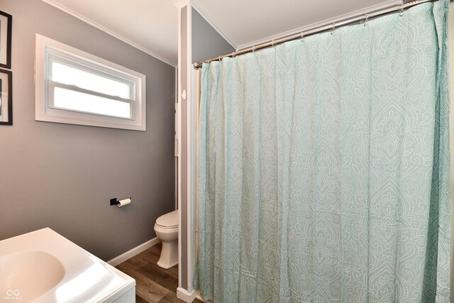 5190 N State Road 213, Windfall, IN 46076 - full bathroom with wood finished floors, toilet, baseboards, vanity, and crown molding