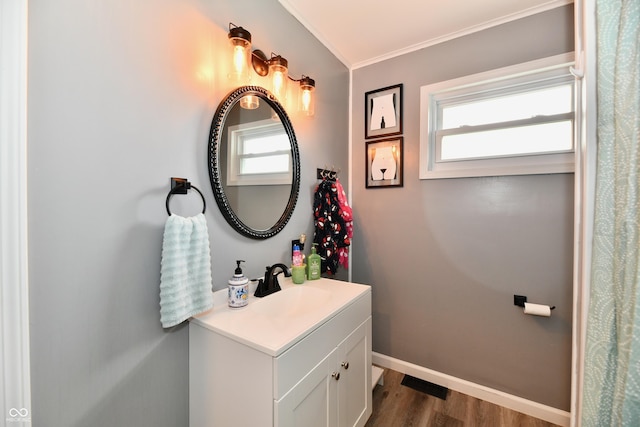 5190 N State Road 213, Windfall, IN 46076 - bathroom with vanity, ornamental molding, wood finished floors, plenty of natural light, and baseboards