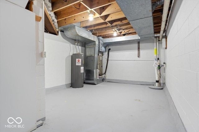 601 Woodbine, Terre Haute, IN 47803 - unfinished basement featuring electric water heater, concrete block wall, and heating unit