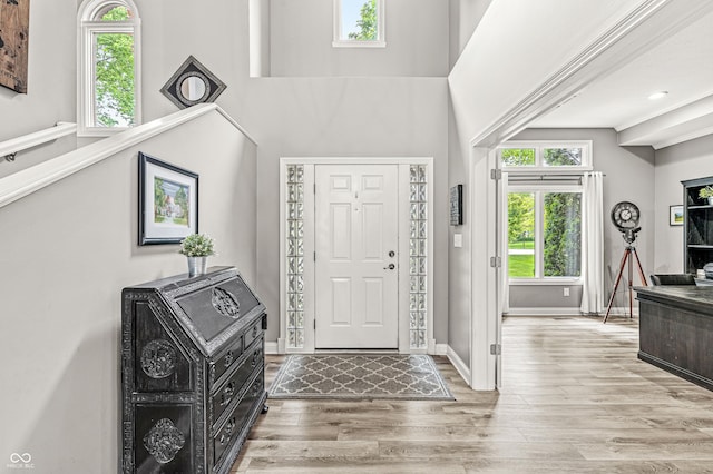 10697 Woodmont Ln, Fishers, IN 46037 - entryway featuring wood finished floors, baseboards, and a high ceiling