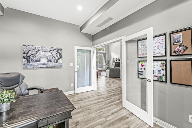 10697 Woodmont Ln, Fishers, IN 46037 - office space featuring french doors, light wood-type flooring, baseboards, and recessed lighting