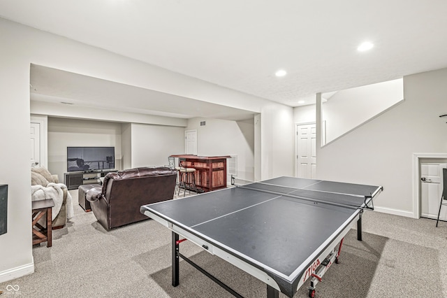 10697 Woodmont Ln, Fishers, IN 46037 - playroom with light colored carpet, a dry bar, baseboards, and recessed lighting
