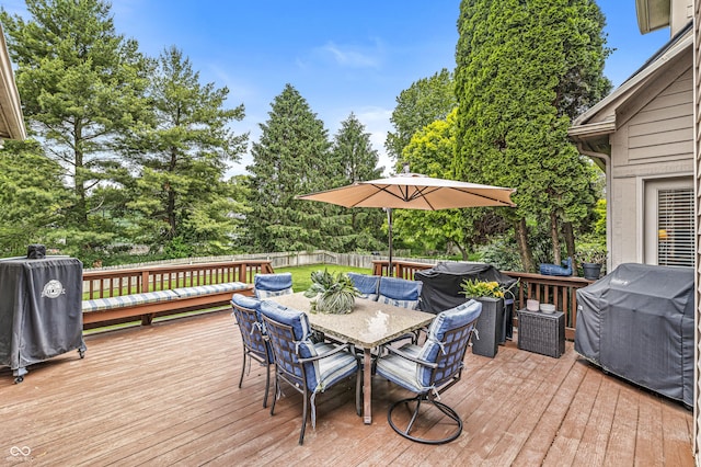 10697 Woodmont Ln, Fishers, IN 46037 - wooden deck featuring outdoor dining area and grilling area
